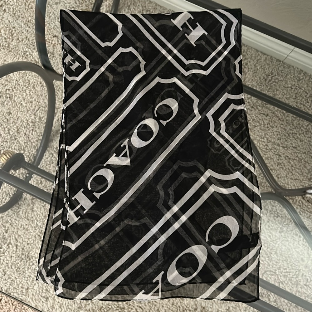 Coach Long 100% Silk Scarf Coach Hangtag Print Black and White